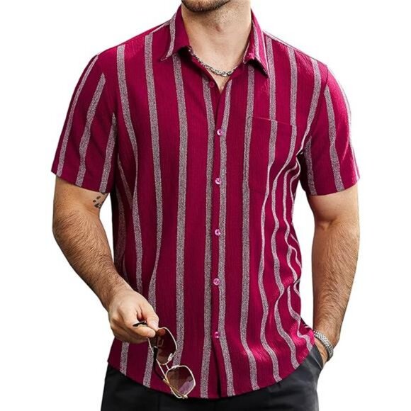 Mens Summer Striped Shirts Button Down Short Sleeve Vintage Beach - Picture 7 of 7